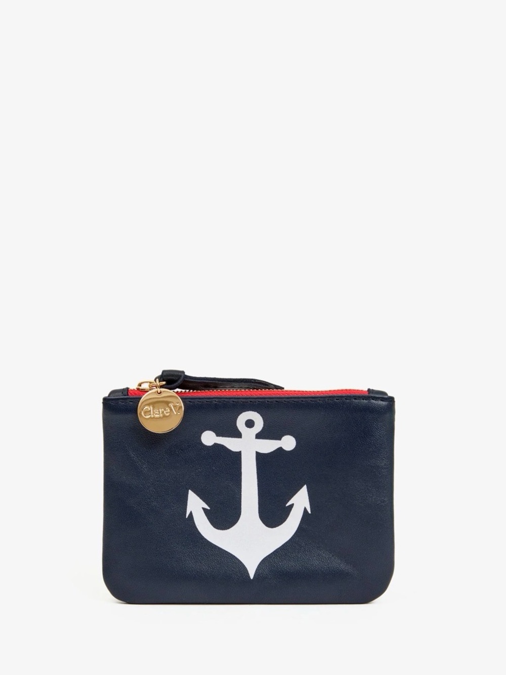 CLARE V Navy Anchor Coin clutch with Red Zip NWT